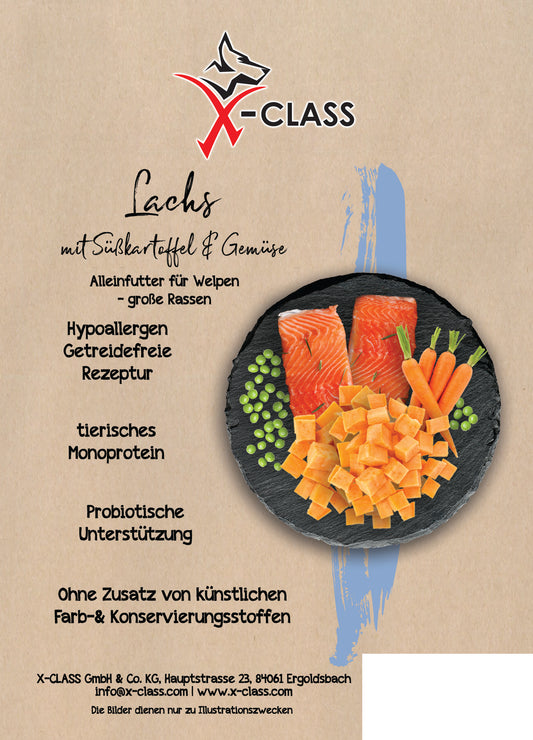 Getreidefrei Lachs, mit Süßkartoffel und Gemüse für Welpen - große Rassen