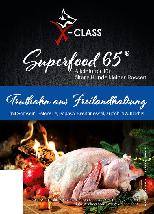Superfood 65 Truthahn mit Schwein für ausgewachsene ältere kleine Hunde (Senior) & light